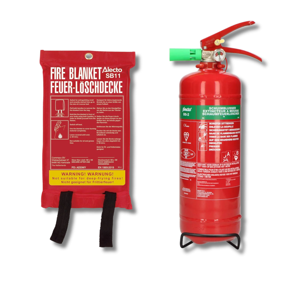 Alecto SB11 + BS-2 - Brandschutz-Set - Löschdecke SB11 (100 x 100 cm) + Schaumbrandblusser BS-2 (2 kg)